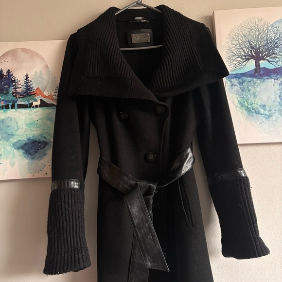 Mackage Black Wool Blend Mid-Length Jacket Leather Detail Womens XS Belted Chic - Picture 3 of 7